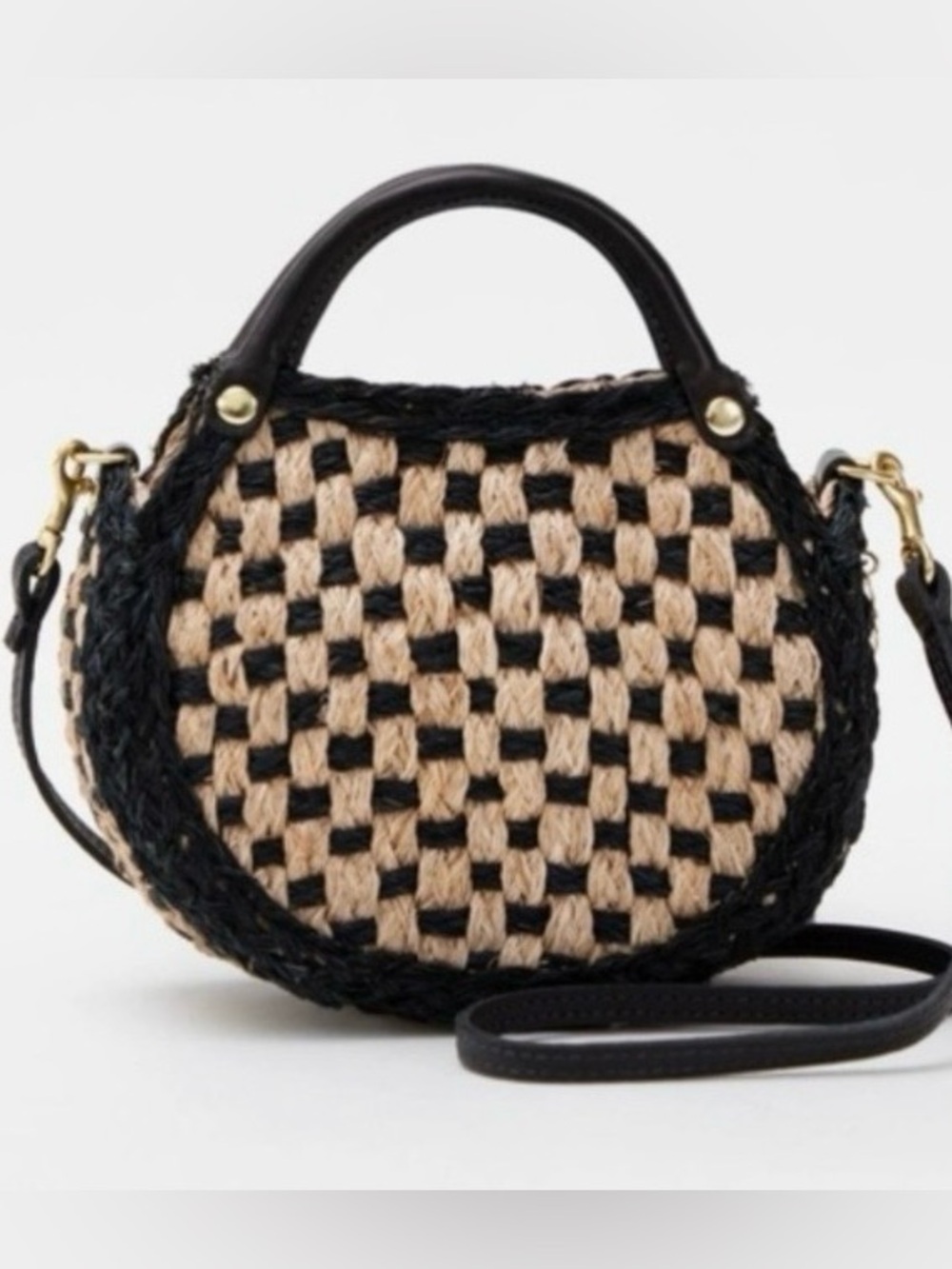 Clare V Black and Natural Woven Round Crossbody Bag